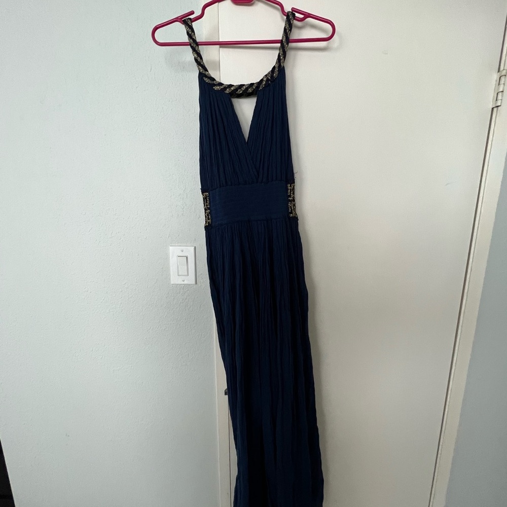 Grimani halter style resort dress with gold Greek accents. Size L